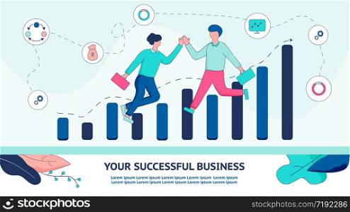 Banner Illustration Help Your Successful Businness. Flat Vector Man and Woman Jump Happiness Completion Successful Transaction. Economic Growth Graph. Financial Management. Stock Broker. Upward Arrow.