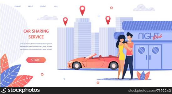 Banner Illustration Loving Couple Rent Cabrio Car. Vector Image Young Guy and Girl Coming Out Night Club Using Car Sharing Service Mobile App. Delivery Car to Location Client Anywhere in City