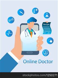 Banner Illustration Man Hand Holding Mobile Phone. Vector Image Communication Online Doctor. Pediatrician from Screen Monitor Device Writes Recipe Treatment Disease. Pill, Syringe, Dna, Pulse, Heart