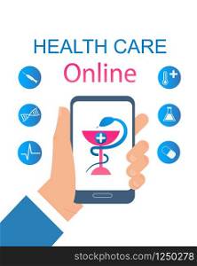 Banner Illustration Man Hand Holding Mobile Phone. Vector Image Mobile Device Monitor Screen with Sign Medical Institution. Snake Wrapped Around Cup. Pill, Dna, Syringe. Online Medicine Consultation
