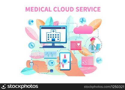 Banner Illustration Medical Cloud Service System. Vector Image Data Transfer from Patient Bracelet. Clinic Receives Patient Health Data Computer. Doctor Online Monitors Heart Person. Heart Radiogram