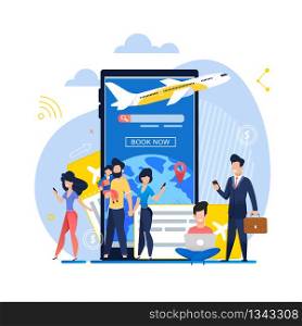 Banner Illustration Mobile App Book Now on Plane. Group People Uses Mobile Phone, Laptop Computer to Check in for Flight. Online Services Aviation Company. Airplane Placed on Screen Smartphone
