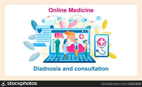 Banner Illustration Modern System Online Medicine. Vector Image Group Doctor Diagnosis and Consultation Patient Using Laptop. Guy Holds on to Sore Head on Monitor Screen. Mobile Phone with Stethoscope