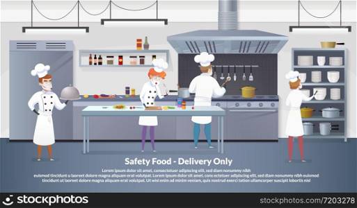 Banner Illustration Safety Food - Delivery Only. Commercial Kitchen with Cartoon Characters Chef Cook Dish Dinner. Vector Restaurant Kitchen with Culinary Staff Holding Round Cloche Tray with Food.