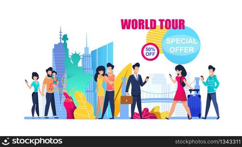 Banner Illustration Special Offer on World Tour. 50 Percent Discount on Group Travel. Family Holiday. Man in Suit Chooses Business Tour. Romantic Weekend Couple Love. Boy and Girl Hold Mobile Phone