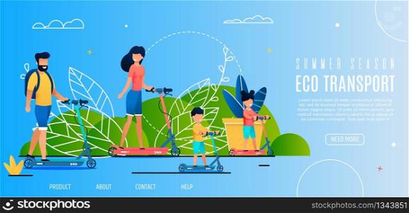 Banner Illustration Summer Season Eco Transport. Happy Family Riding Electric Scooter in Park. Joint Family Active Weekend in Fresh Air. Father with his Wife and Young Son and Daughter for Walk
