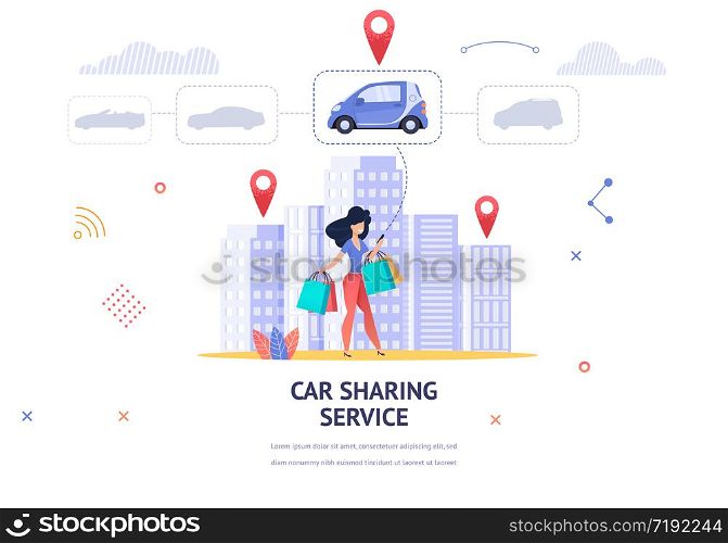 Banner Illustration Young Girl Online Choose Car. Vector Image Woman with Packages her Hand Uses Mobile App Car Sharing Service. Choose Car for Trip Home from Shopping Mall. Serve to Client Location