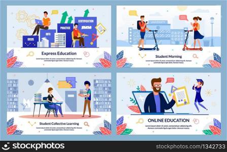 Banner Inscription Student Collective Learning. Set Express Education, Student Morning, Online Education. Girl and Guy Students are Preparing Together for Classes Library. Vector Illustration.