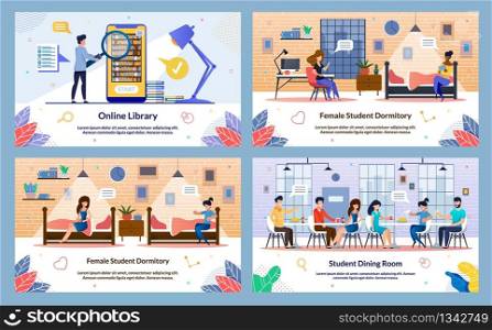Banner Inscription, Student Dining Room, Slide. Set Vector Illustration Online Library, Female Student Dormitory. Girls are Sitting on their Beds Dormitory in Evening and have Fun Talking.