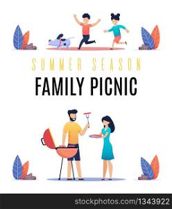 Banner Inscription Summer Season, Family Picnic. Husband and Wife Cook Sausages on Barbecue, Children Run and have Fun with Dog. Family has Fun at Picnic. Vector Illustration on White Background.