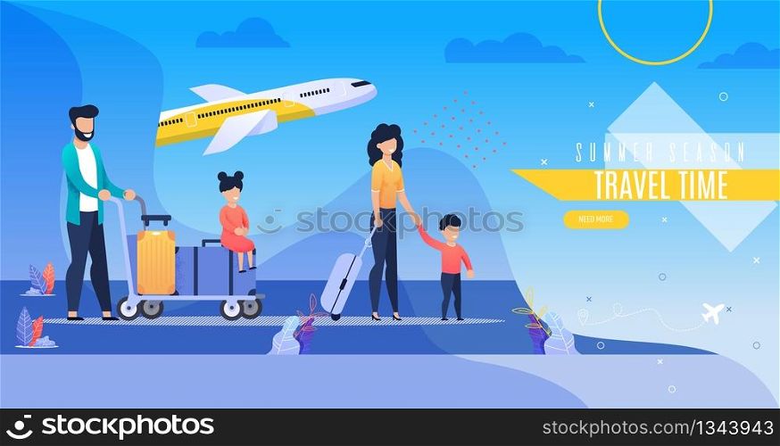 Banner Inscription Summer Season Travel Time. Adults and Children Sitting on Baggage Await Departure Aircraft. Parents with Children Airport Terminal. Vector Illustration Landing Page.