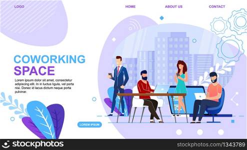 Banner is Written Coworking Space Landing Page. Modern Workspace for Creative People. People Work Near Panoramic Window, Background View Big City. Business Workspace Vector Illustration.