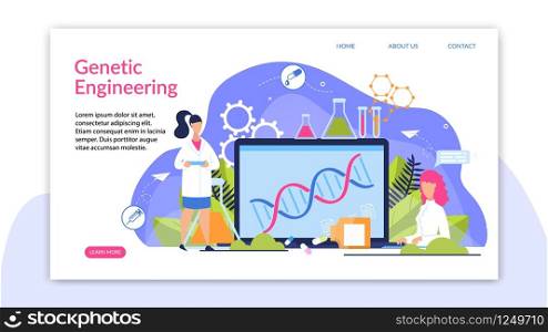 Banner is Written Genetic Engineering Cartoon. Information Flyer Girl in White Coat Explores Genetic Code. Poster on Screen Tablet is Structure Dna. Vector Illustration Landing Page.