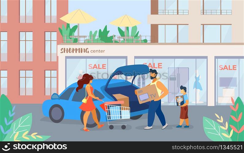 Banner is Written Shopping Center Sale Cartoon. Flyer Family Bought TV on Sale at Mall. Poster Man Puts Box With Purchase in Car. Family Parking Lot Near Store. Vector Illustration.