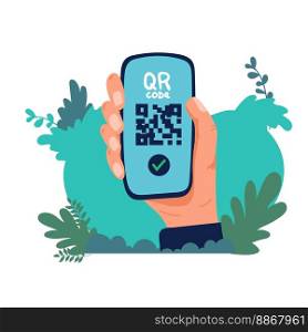 banner landidng page QR code scanning icon in smartphone. hand holding Mobile phone in line style, barcode scanner for pay, web, mobile app, promo. Vector illustration.. banner landidng page QR code scanning icon in smartphone. hand holding Mobile phone in line style, barcode scanner for pay, web, mobile app, promo. Vector illustration