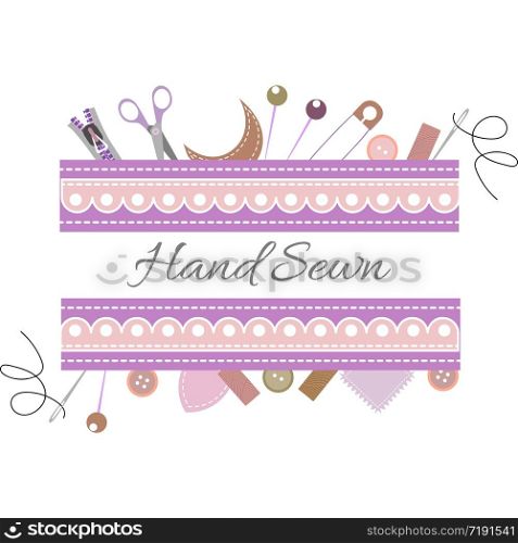 Banner layout for sewing and crafts workshop announcement. Illustrations of sewing and tools with lettering. Header for creative professional education for sewing or tailor. Vector pattern on a white background. EPS 10. Banner layout for sewing and crafts workshop announcement. Illustrations of sewing and tools with lettering. Header for creative professional education for sewing or tailor.