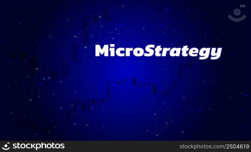 Banner MicroStrategy Incorporated with chart candles on dark blue background. Company that buys bitcoins and other digital coins and pushes market up. Vector illustration.. Banner MicroStrategy Incorporated with chart candles on dark blue background. Company that buys bitcoins and other digital coins and pushes market up.