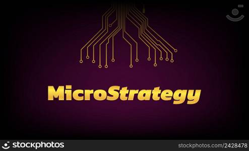 Banner MicroStrategy Incorporated with PCB tracks on dark purple background. Company that buys bitcoins and other digital coins and pushes market up. Vector illustration.. Banner MicroStrategy Incorporated with PCB tracks on dark purple background. Company that buys bitcoins and other digital coins and pushes market up.