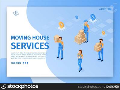 Banner Moving House Services Vector Illustration. Men and Women Work Clothes Carry Boxes. Coordinated Process Service Moving House. Male Loader in Overalls Trolleys Large Cardboard Boxes.