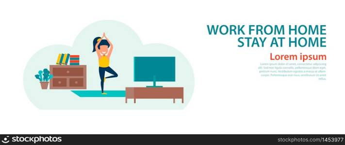 banner of cartoon version of working home and stay home with flat design