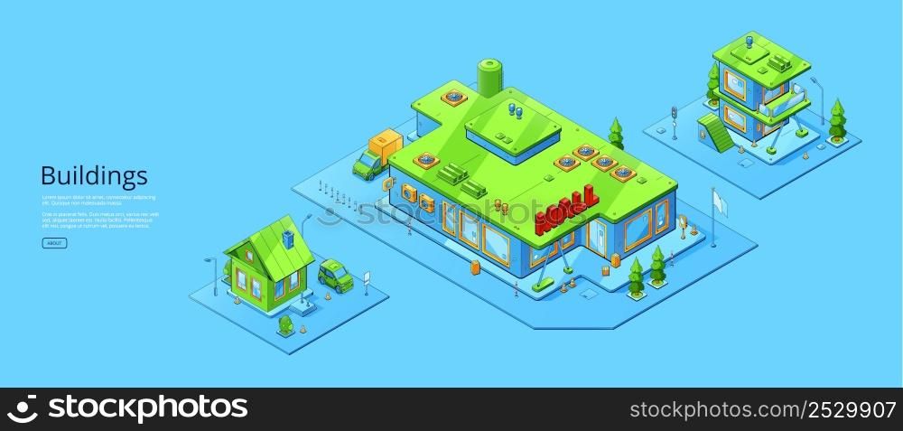 Banner of city buildings architecture. Vector horizontal poster with isometric shopping mall and house. Exterior of residential and commercial buildings isolated on blue background. Banner of city buildings architecture