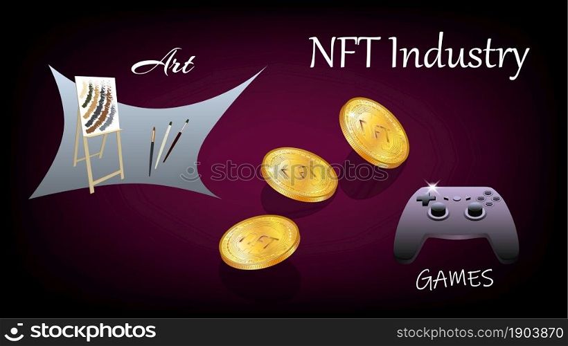 Banner of non-fungible NFT tokens in art and gaming industry with easel and console gamepad with isometric falling coins. Pay for unique collectibles in games or art. Vector illustration.