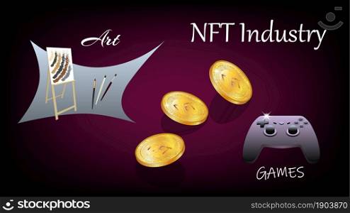 Banner of non-fungible NFT tokens in art and gaming industry with easel and console gamepad with isometric falling coins. Pay for unique collectibles in games or art. Vector illustration.