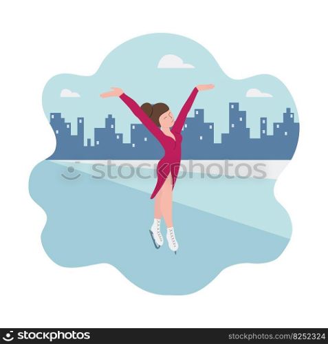 Banner of winter sport - figure skating, dancing girl on skates. Woman on the background of silhouettes of city. Vector illustrations in flat style - pink, blue, white colors. Banner of winter sport - figure skating, dancing girl on skates. Woman on the background of silhouettes of city. Vector illustrations in flat style - pink, blue, white colors.