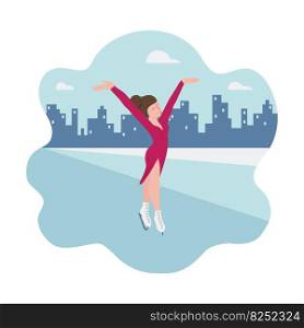 Banner of winter sport - figure skating, dancing girl on skates. Woman on the background of silhouettes of city. Vector illustrations in flat style - pink, blue, white colors. Banner of winter sport - figure skating, dancing girl on skates. Woman on the background of silhouettes of city. Vector illustrations in flat style - pink, blue, white colors.
