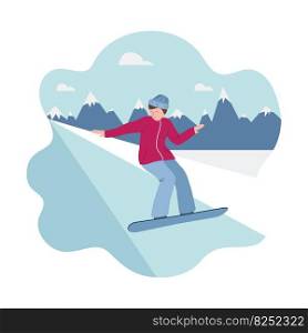 Banner of winter sport - mountain skiing, a man on skis rushes down the slope. Man on the background of silhouettes of mountains. Vector illustrations in flat style - pink, blue, white colors. Banner of winter sport - snowboarding, a man on snowboard rushes down the slope. Man on the background of silhouettes of mountains. Vector illustrations in flat style - pink, blue, white colors.