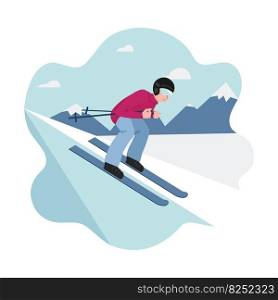 Banner of winter sport - mountain skiing, a man on skis rushes down the slope. Man on the background of silhouettes of mountains. Vector illustrations in flat style - pink, blue, white colors. Banner of winter sport - mountain skiing, a man on skis rushes down the slope. Man on the background of silhouettes of mountains. Vector illustrations in flat style - pink, blue, white colors.