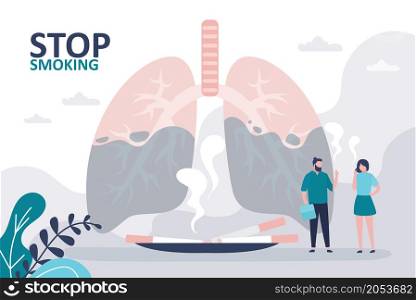 Banner on theme stop smoking. Unhealthy and contaminated lungs. Male and female character smoking cigarettes. Concept of destroy bad habits and treatment of nicotine addiction.Flat vector illustration. Banner on theme stop smoking. Unhealthy and contaminated lungs. Male and female character smoking cigarettes