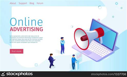 Banner Online Advertising is Popular and Effective. Vector Illustration on Landing Page. Little Men Expensive Suits Came Up Laptop Screen which Mouthpiece Heralds Important Information.. Banner Online Advertising is Popular and Effective.