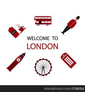 Banner or flyer red London in modern style on white background. London city travel holiday background. Cityscape vector design.