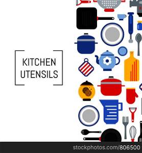 Banner or poster vector flat style kitchen utensils background illustration with place for text. Vector flat style kitchen utensils background illustration with place for text