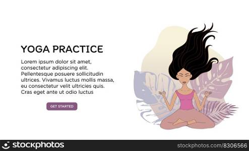 Banner or screen template for school website or yoga studio, meditation classes. Bright banner with practicing meditation by a black-haired girl on a background of tropical plants. Vector