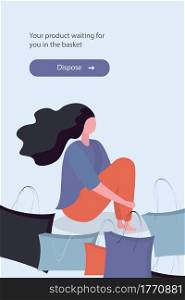 Banner or web page template,shopping girl sitting with shopping bags,place for text,trendy flat vector illustration