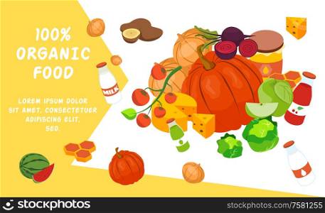 Banner organic food isometric background with editable text and composition of vegetables drinks and milk products vector illustration