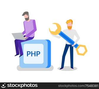 Banner PHP with two blonde and brunette working men with grey laptop and big blue and yellow wrench. Programmers coding javascript game vector people. Banner PHP Two Working Men with wrench Vector