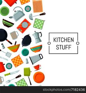 Banner poster vector kitchen utensils flat icons background with place for text illustration. Vector kitchen utensils flat icons background