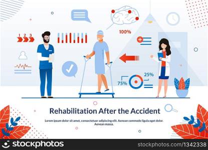 Banner Rehabilitation after the Accident Flat. Goal Work Doctor is to Strengthen and Maintain Peoples Health. Man Sets Up Physical Activity after Surgery, Doctors are Standing Nearby.