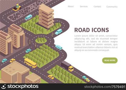 Banner road isometric web site landing page design with editable text read more button and links vector illustration
