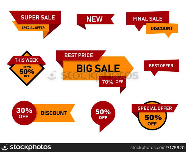 Banner sale set isolated symbols. Special offer elements. Discount price. Collection banners or stickers. EPS 10. Banner sale set isolated symbols. Special offer elements. Discount price. Collection banners or stickers.