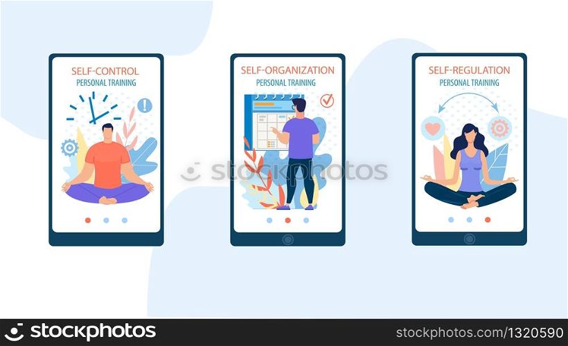 Banner Self-regulation Personal Training Flat. Self-organization and Self-control. Man and Woman are Meditating While Sitting on Floor, Guy is Looking at Calendar, Rear View Cartoon.