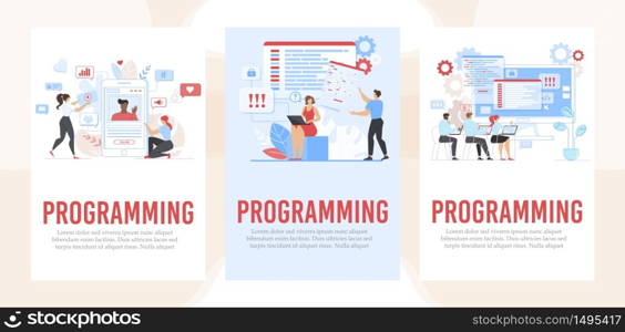 Banner Set Advertising Programming Service Support. Cartoon People Freelancers, Coworkers, Bloggers Working on Laptop on Creation New Software, Wireframe, Computer Languages. Vector Flat Illustration. Banner Set Advertising Programming Service Support