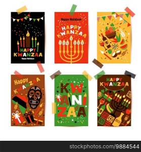 Banner set for Kwanzaa with traditional colored and candles.. Banner set for Kwanzaa with traditional colored and candles representing the Seven Principles or Nguzo Saba.
