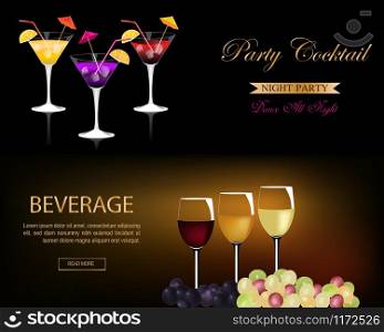 Banner set for restaurant with wine glass, branch of grape and Party Cocktails. Concept for Wine list, Banner, flyer, brochure, Website design template.