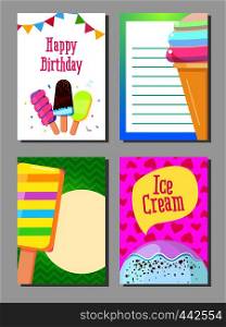Banner set of cute sweet backgrounds. Ice cream cards vector illustration. Banner set of cute sweet ice cream cards vector