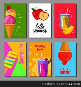 Banner set of cute sweet summer backgrounds. Summer layout design greeting cards. Ice cream, fruits and smoothie. Vector illustration. Banner set of cute sweet summer backgrounds. Summer layout design greeting cards. Ice cream, fruits and smoothie