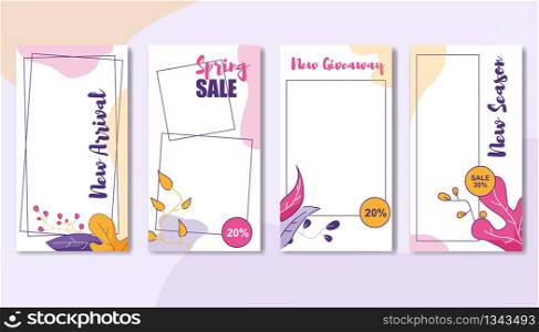 Banner Set of Special Trade. Coupons and Vouchers on New Arrival, Spring Sale, New Giveaway, Special Offer for New Season Sale 20, 20, 30 Percent. Floral Ornament on Discounts and Promotional Flyers. Banner Set Special Spring Offers for Special Trade